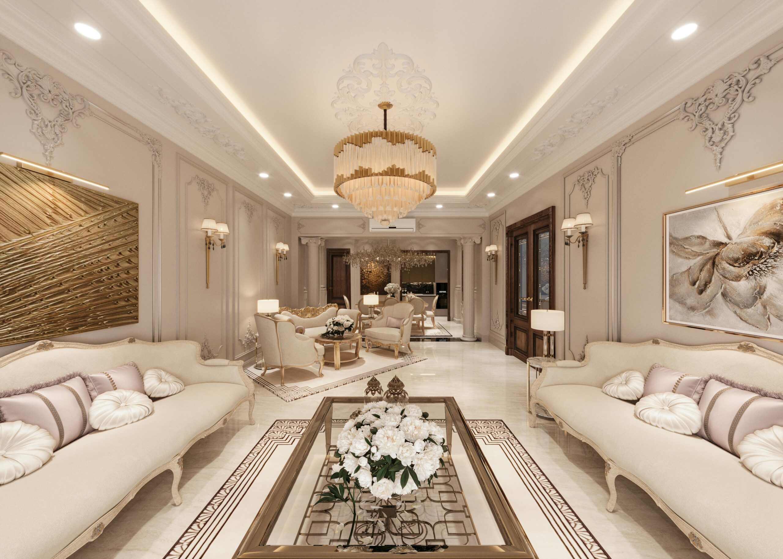 A beautifully decorated living room showcasing elegant interior design with sofas and a chandelier.